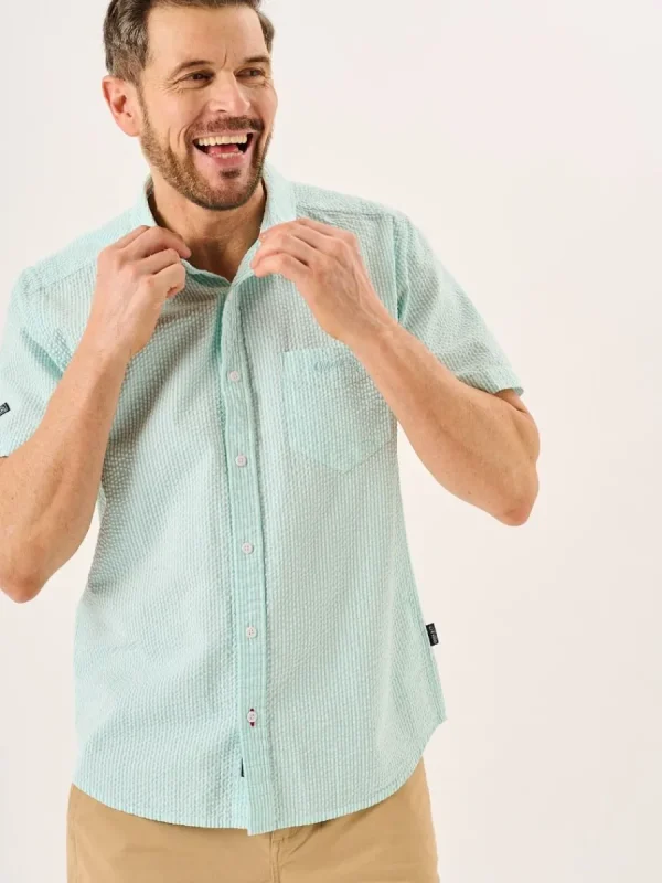 Quba & Co Aqua And White Striped Seersucker Short Sleeve Shirt - Durst Online