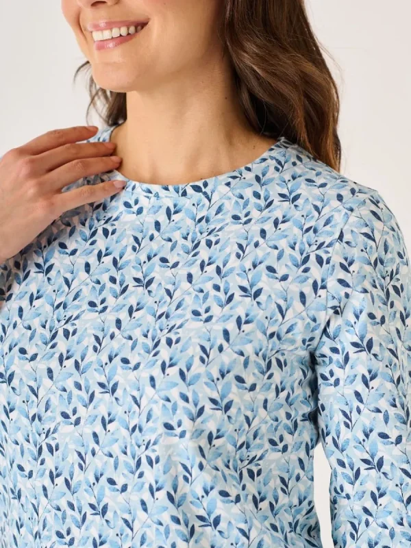 Quba & Co Blue 3/4 Sleeve Leaf Print Design T-Shirt - Wesson Best