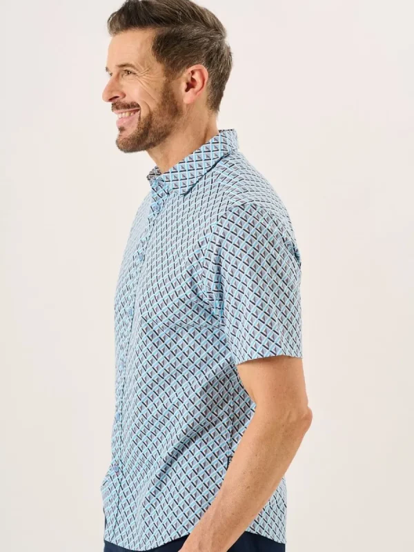 Quba & Co Blue Geometric Print Short Sleeve Oxford Shirt - Tilbury Outlet