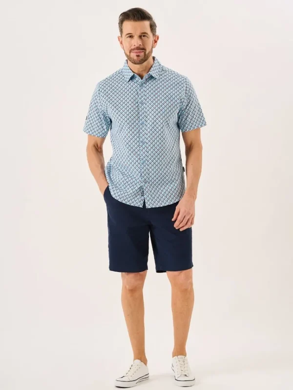 Quba & Co Blue Geometric Print Short Sleeve Oxford Shirt - Tilbury Outlet