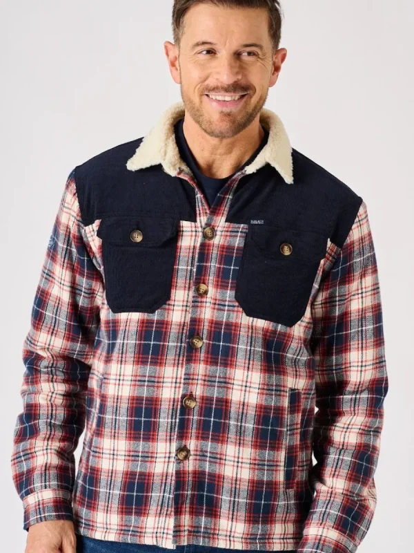 Quba & Co Borg Lined Shacket Navy Red and White Lifestyle - Struthers Discount