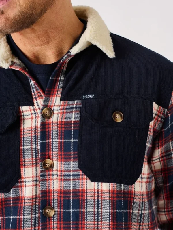 Quba & Co Borg Lined Shacket Navy Red and White Lifestyle - Struthers Discount