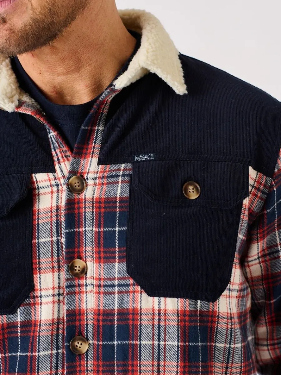 borg_lined_shacket_navy_r_1.webp Quba & Co Borg Lined Shacket Navy Red and White Lifestyle - Struthers Discount