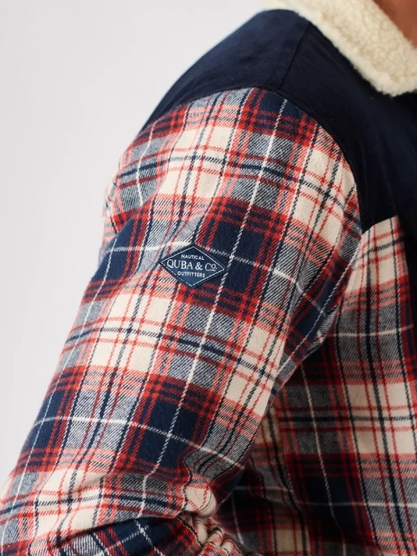 Quba & Co Borg Lined Shacket Navy Red and White Lifestyle - Struthers Discount