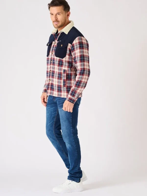 Quba & Co Borg Lined Shacket Navy Red and White Lifestyle - Struthers Discount