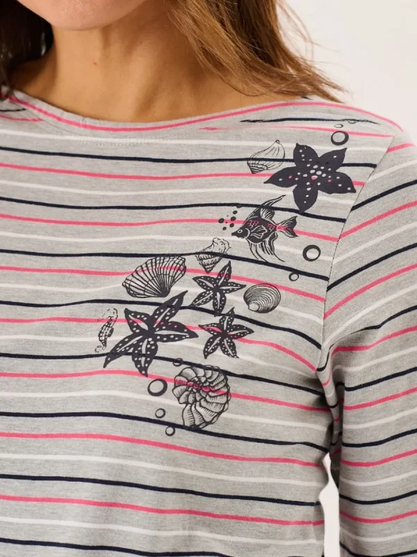 Quba & Co Grey Long Sleeve Nautical Print Striped T-Shirt - Linnet New