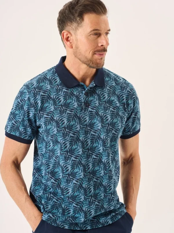 Quba & Co Navy And Blue Palm Leaf Print Polo Shirt - Elias New