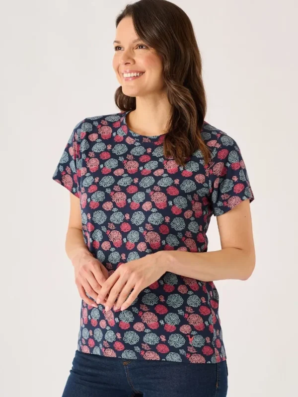 Quba & Co Navy And Coral Floral Printed T- Shirt - Carlene Hot