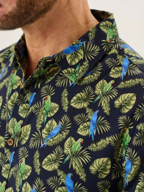 Quba & Co Navy And Green Tropical Print Short Sleeve Oxford Shirt - Pritchard Best