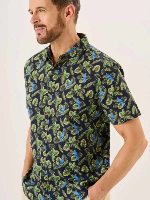 Quba & Co Navy And Green Tropical Print Short Sleeve Oxford Shirt - Pritchard Best