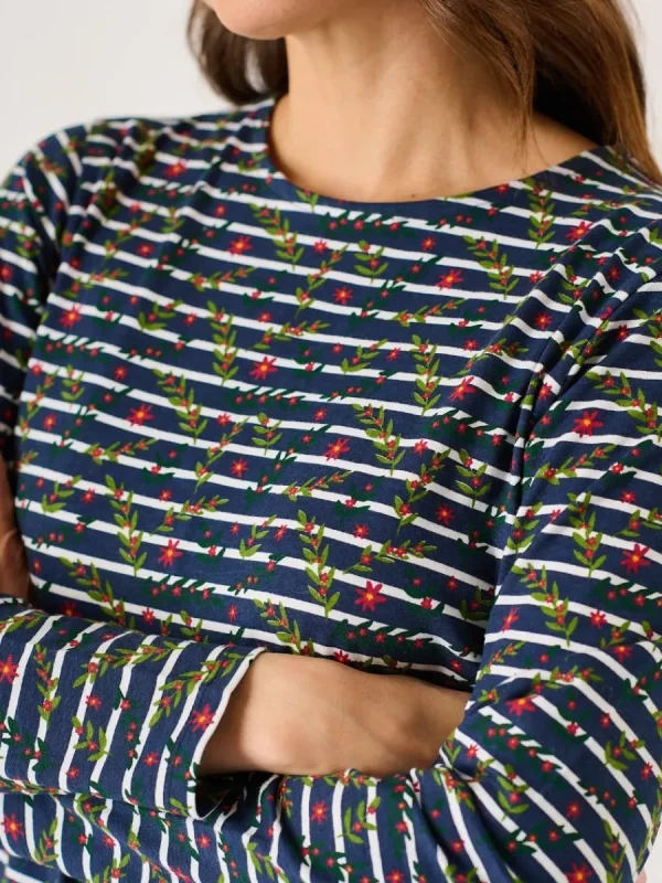Quba & Co Navy And Multicoloured Floral Print Striped Long Sleeve T-Shirt - Fliss Sale