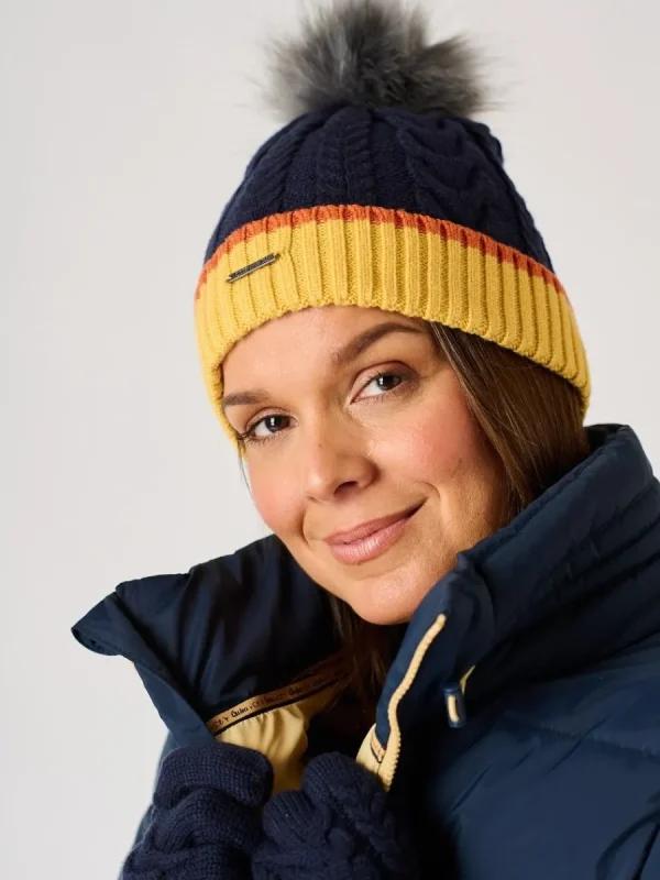 Quba & Co Navy and Ochre Cable Knitted Bobble Hat - Antrim Outlet