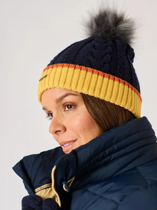 Quba & Co Navy and Ochre Cable Knitted Bobble Hat - Antrim Outlet