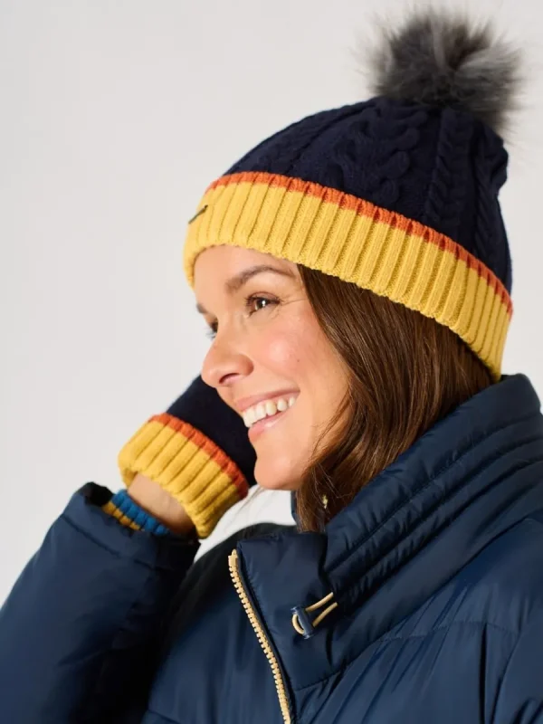 Quba & Co Navy and Ochre Cable Knitted Bobble Hat - Antrim Outlet