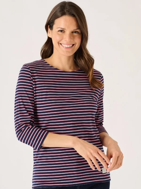 Quba & Co Navy And Soft Rose 3/4 Sleeve Striped T-Shirt - Wavery Hot