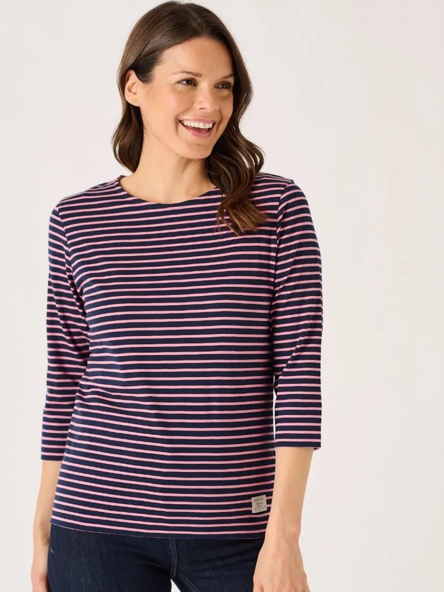 navy_and_soft_rose__sleev_2.webp Quba & Co Navy And Soft Rose 3/4 Sleeve Striped T-Shirt - Wavery Hot
