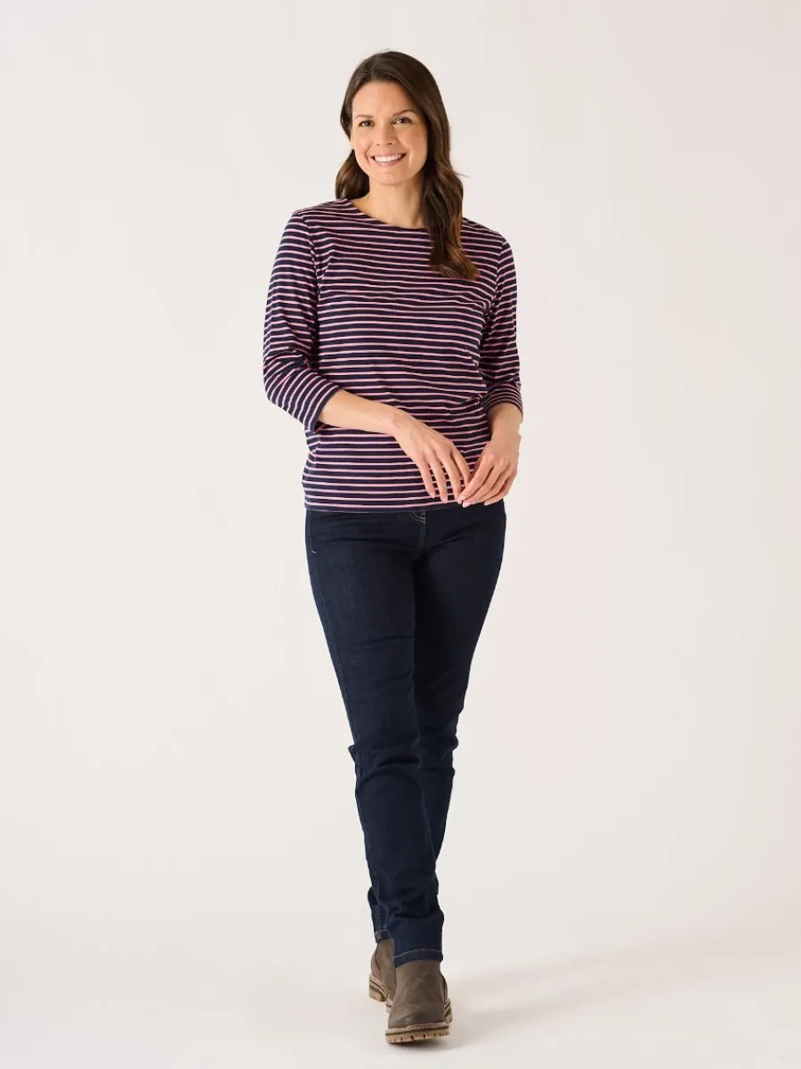 navy_and_soft_rose__sleev_3.webp Quba & Co Navy And Soft Rose 3/4 Sleeve Striped T-Shirt - Wavery Hot