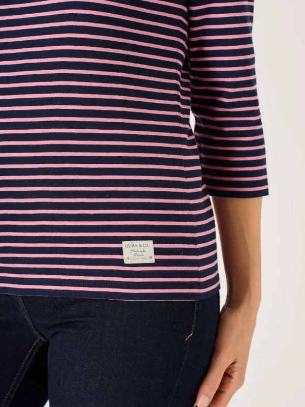 Quba & Co Navy And Soft Rose 3/4 Sleeve Striped T-Shirt - Wavery Hot