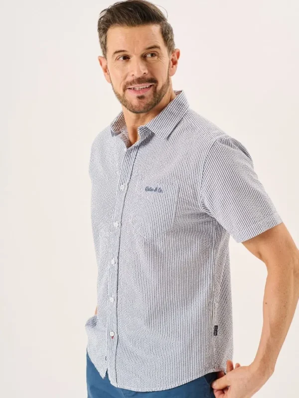 Quba & Co Navy And White Striped Seersucker Short Sleeve Shirt - Durst Online