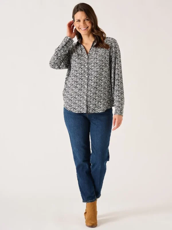 Quba & Co Navy And White Viscose Nautical Print Long Sleeve Shirt - Kelsie Clearance