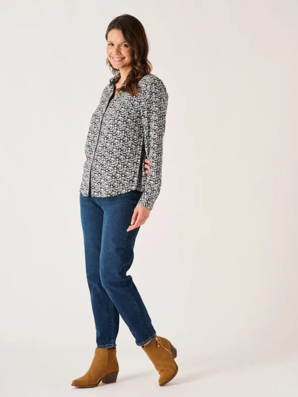 Quba & Co Navy And White Viscose Nautical Print Long Sleeve Shirt - Kelsie Clearance