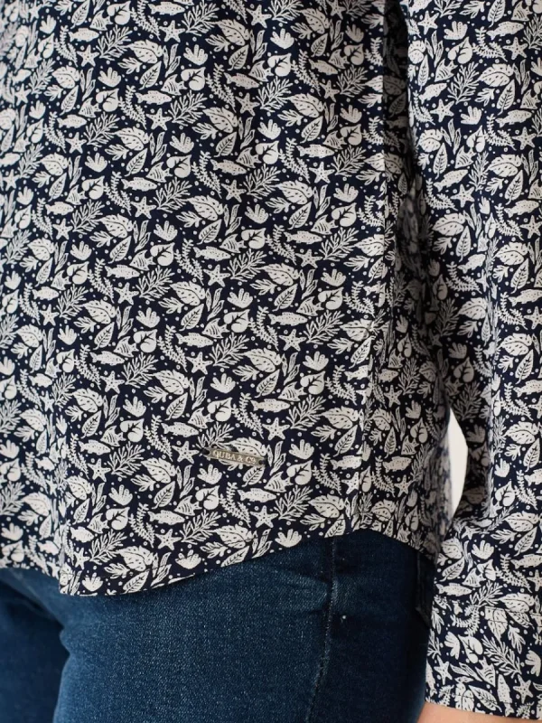 Quba & Co Navy And White Viscose Nautical Print Long Sleeve Shirt - Kelsie Clearance