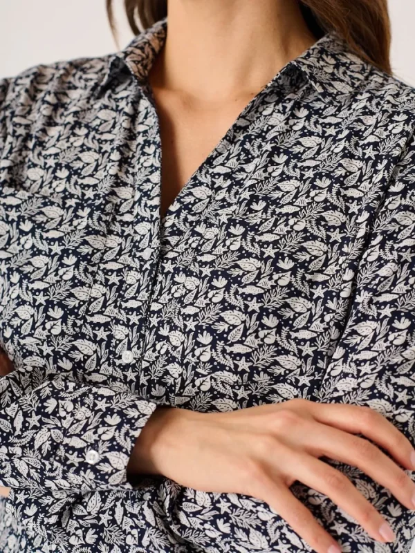 Quba & Co Navy And White Viscose Nautical Print Long Sleeve Shirt - Kelsie Clearance