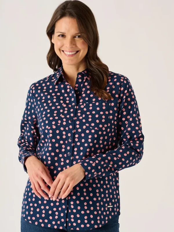 Quba & Co Navy Long Sleeve Pink And White Spot Print Shirt - Celina New