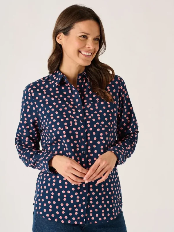 Quba & Co Navy Long Sleeve Pink And White Spot Print Shirt - Celina New