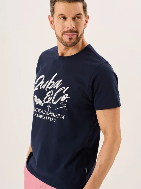 Quba & Co Navy Slub Cotton Quba And Co Logo Crew Neck T-Shirt - Bodkin Fashion