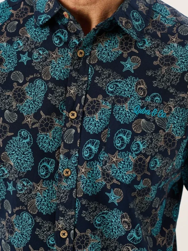 Quba & Co Navy Turtle Design Short Sleeve Slub Shirt - Tenby Outlet