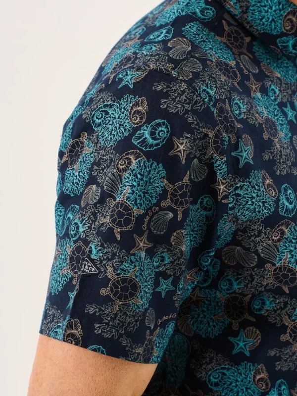 Quba & Co Navy Turtle Design Short Sleeve Slub Shirt - Tenby Outlet