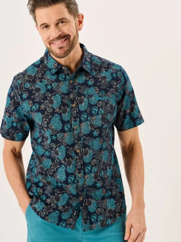 Quba & Co Navy Turtle Design Short Sleeve Slub Shirt - Tenby Outlet