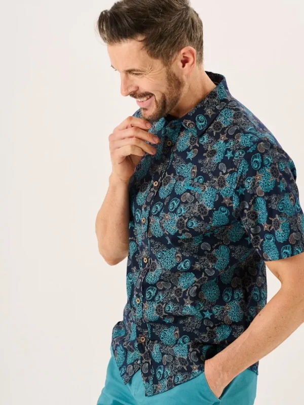 Quba & Co Navy Turtle Design Short Sleeve Slub Shirt - Tenby Outlet
