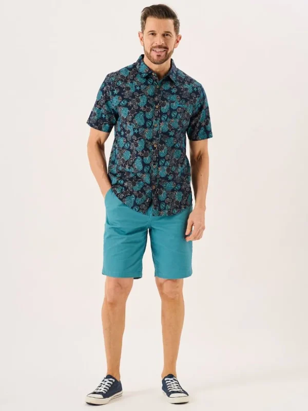 Quba & Co Navy Turtle Design Short Sleeve Slub Shirt - Tenby Outlet