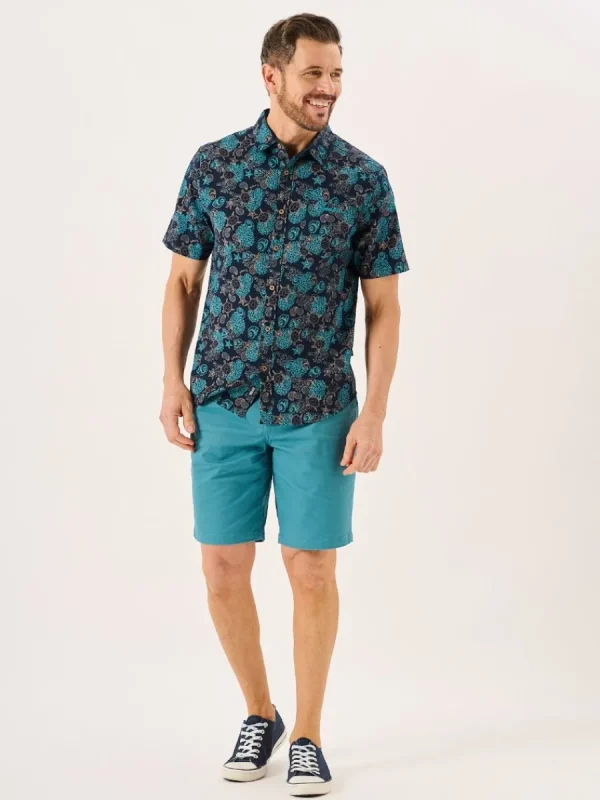 Quba & Co Navy Turtle Design Short Sleeve Slub Shirt - Tenby Outlet