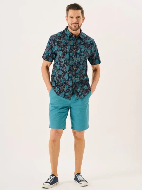 Quba & Co Navy Turtle Design Short Sleeve Slub Shirt - Tenby Outlet