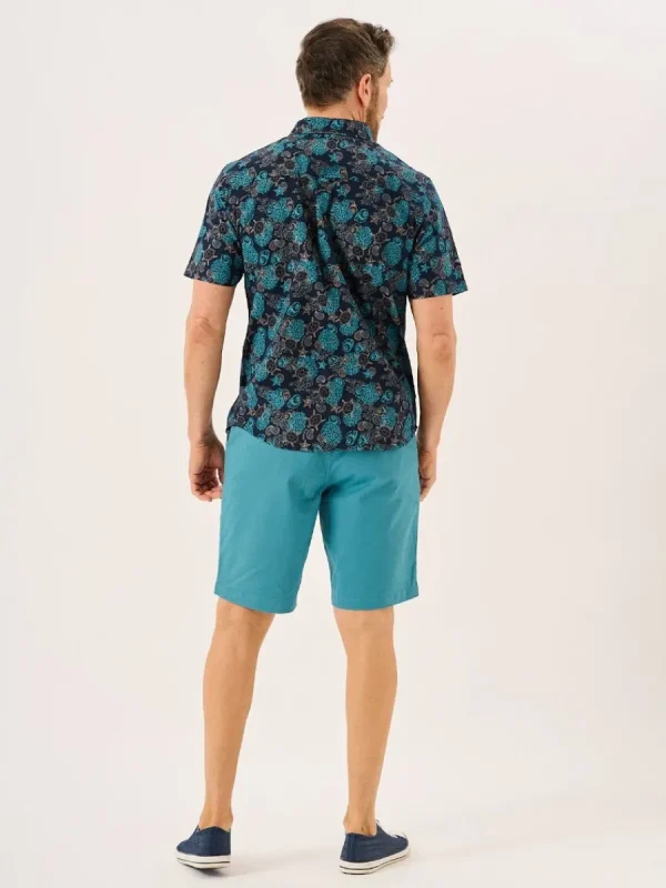Quba & Co Navy Turtle Design Short Sleeve Slub Shirt - Tenby Outlet
