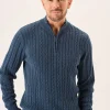 Quba & Co Nordic Blue Zip Neck Cable Knit Lifestyle Jumper - Noble Outlet