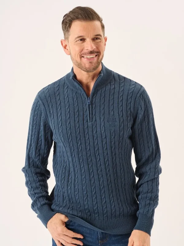 Quba & Co Nordic Blue Zip Neck Cable Knit Lifestyle Jumper - Noble Outlet