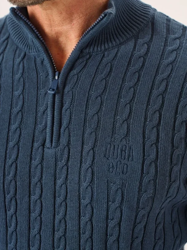 Quba & Co Nordic Blue Zip Neck Cable Knit Lifestyle Jumper - Noble Outlet