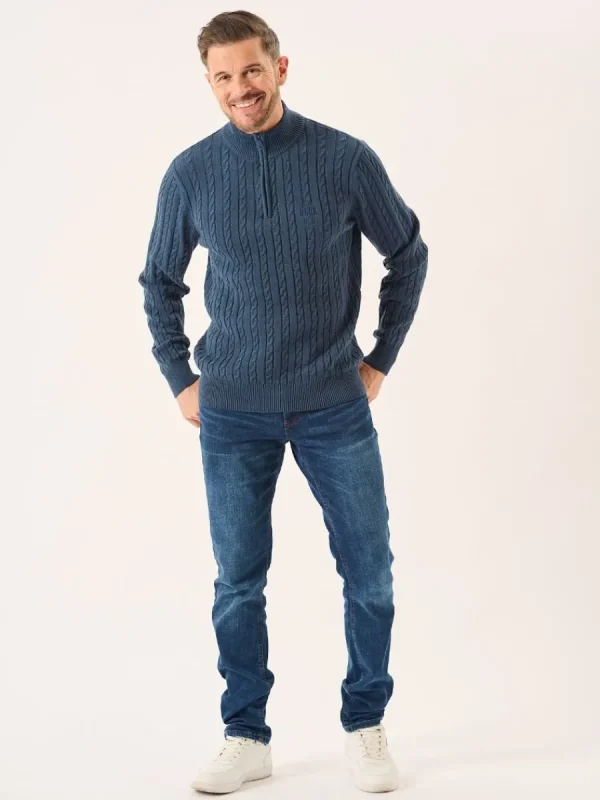 Quba & Co Nordic Blue Zip Neck Cable Knit Lifestyle Jumper - Noble Outlet