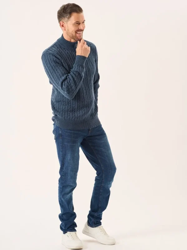 Quba & Co Nordic Blue Zip Neck Cable Knit Lifestyle Jumper - Noble Outlet