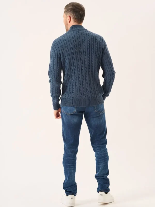 Quba & Co Nordic Blue Zip Neck Cable Knit Lifestyle Jumper - Noble Outlet