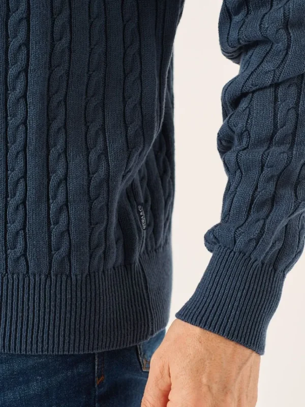 Quba & Co Nordic Blue Zip Neck Cable Knit Lifestyle Jumper - Noble Outlet
