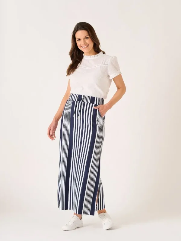 Quba & Co Tarbet Maxi Navy and White Jersey Striped Skirt Fashion