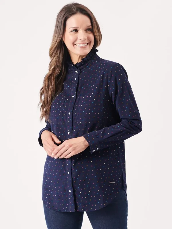 Quba & Co Uma Frill Neck Navy and Multicoloured Spotted Shirt New