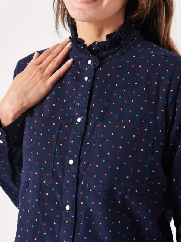 Quba & Co Uma Frill Neck Navy and Multicoloured Spotted Shirt New