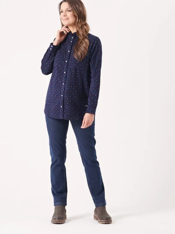 Quba & Co Uma Frill Neck Navy and Multicoloured Spotted Shirt New