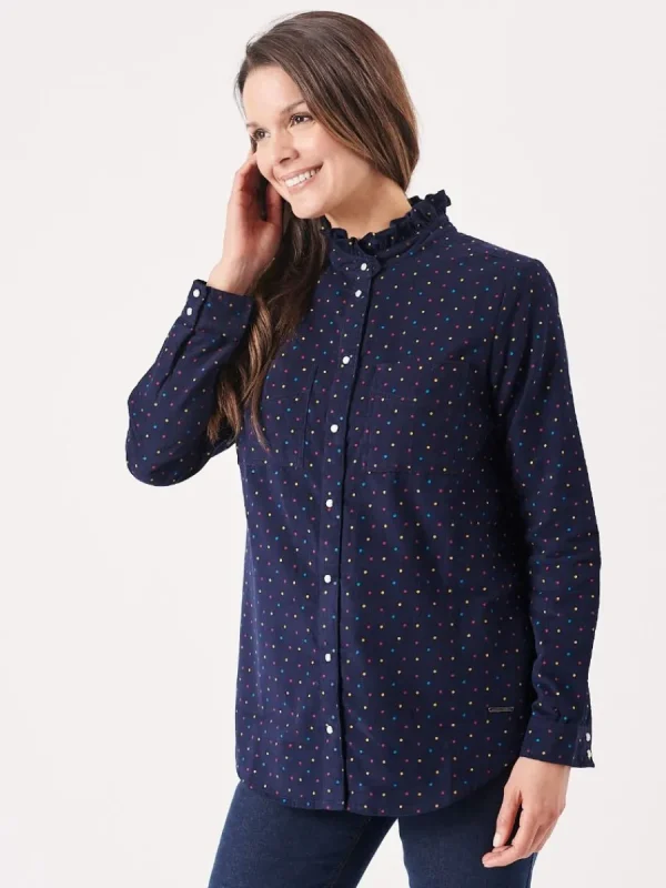 Quba & Co Uma Frill Neck Navy and Multicoloured Spotted Shirt New